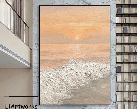 Abstract Peach Sunset Ocean Waves Textured Impasto Seascape Art Poster