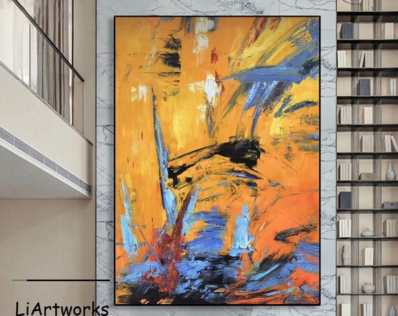 Large Yellow And Blue Abstract Painting Contemporary Abstract Art Blue And Orange Abstract Painting Modern Minimalist Texture Art