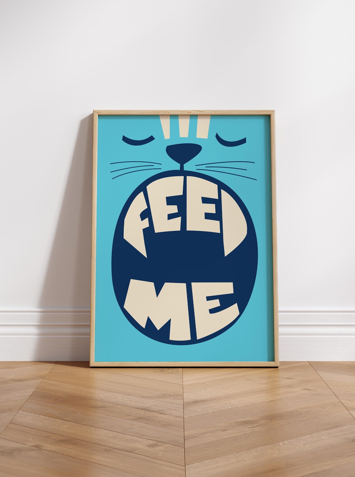 Feed Me Hungry Cat Face Turquoise Funny Kitchen Art Print for Cat Owners