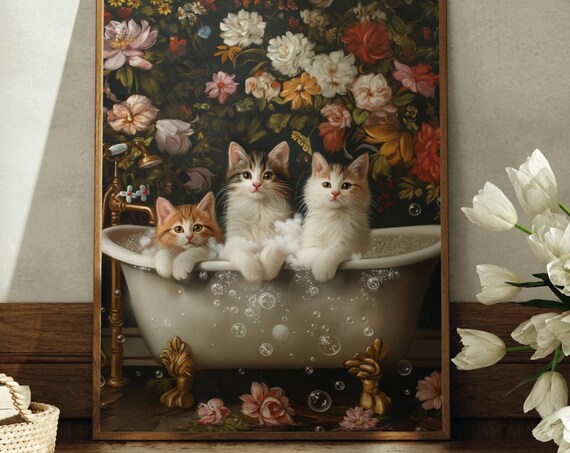 Three Cute Kittens In A Bubble Bath Vintage Floral Art Poster