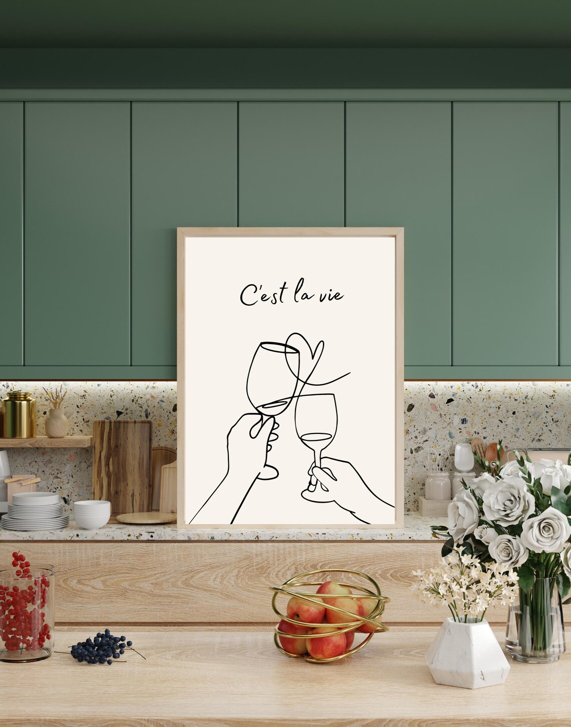 Cest la Vie Toasting Wine Glasses Minimalist French Line Art Poster - Image 3