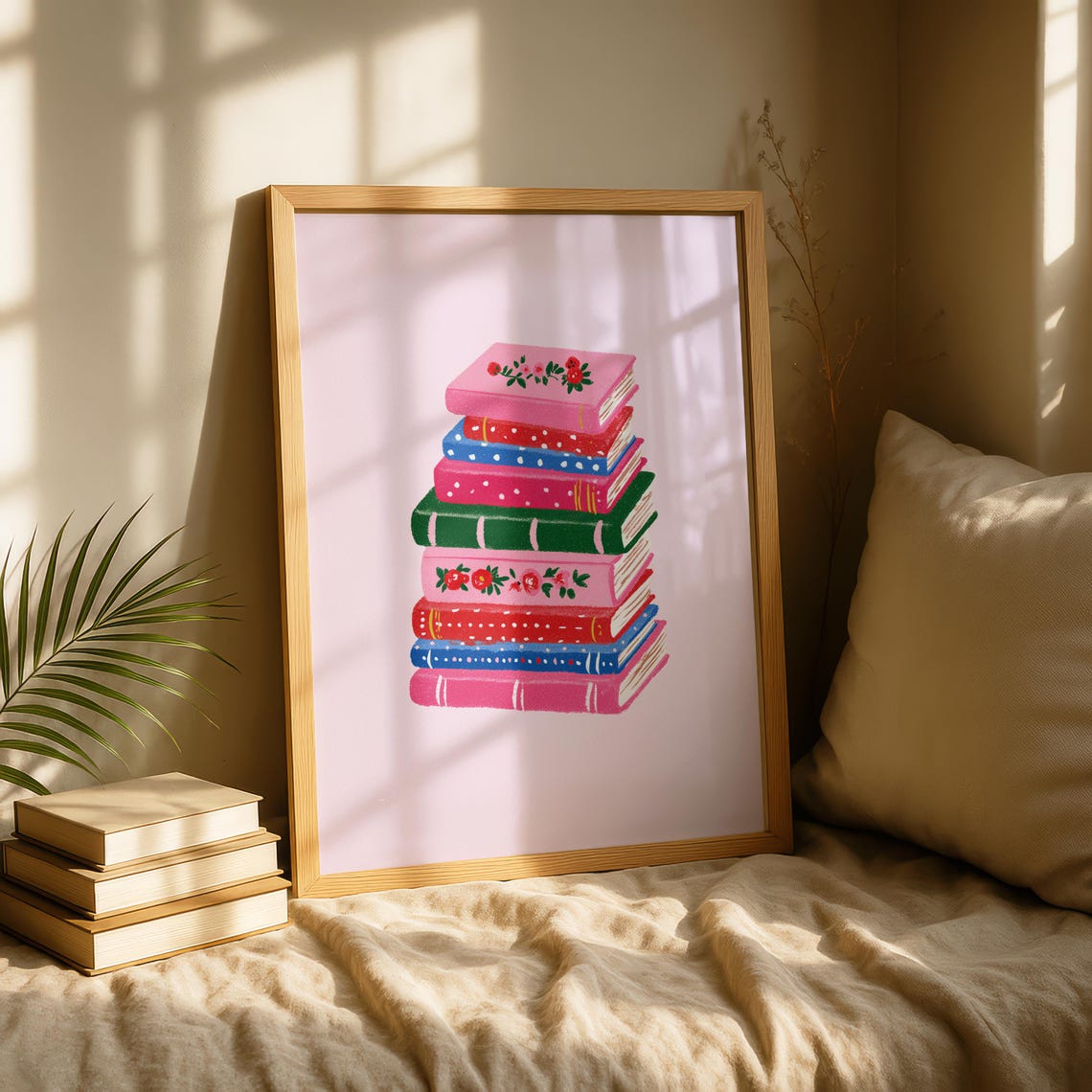 Colorful Book Stack Reading Lover Pink Floral Library Poster