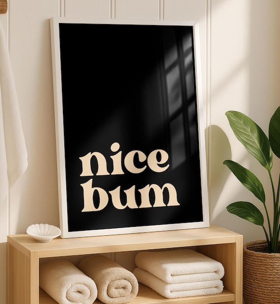 Nice Bum Cream Retro Script Minimal Black Bathroom Art Poster