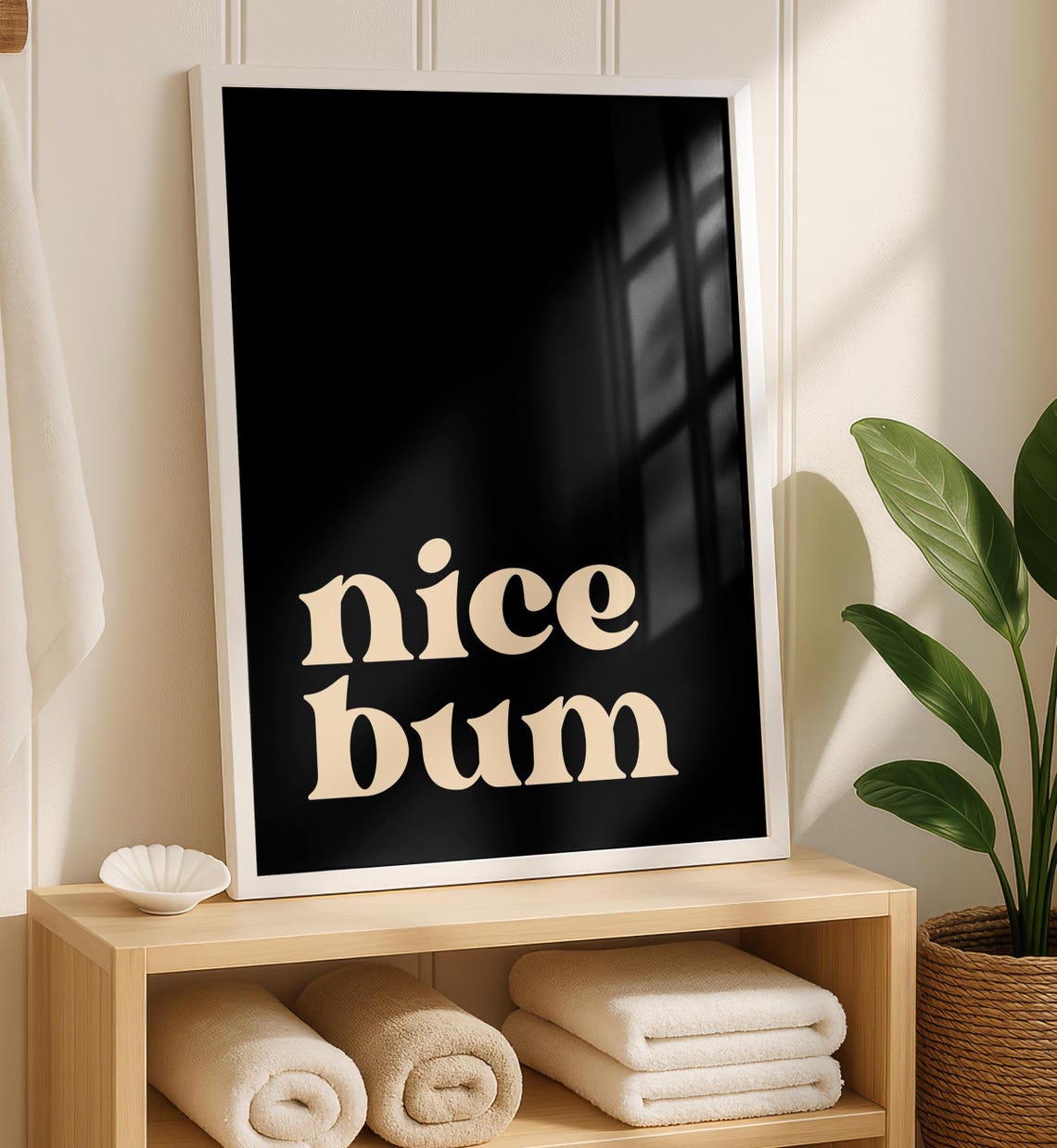 Nice Bum Cream Retro Script Minimal Black Bathroom Art Poster