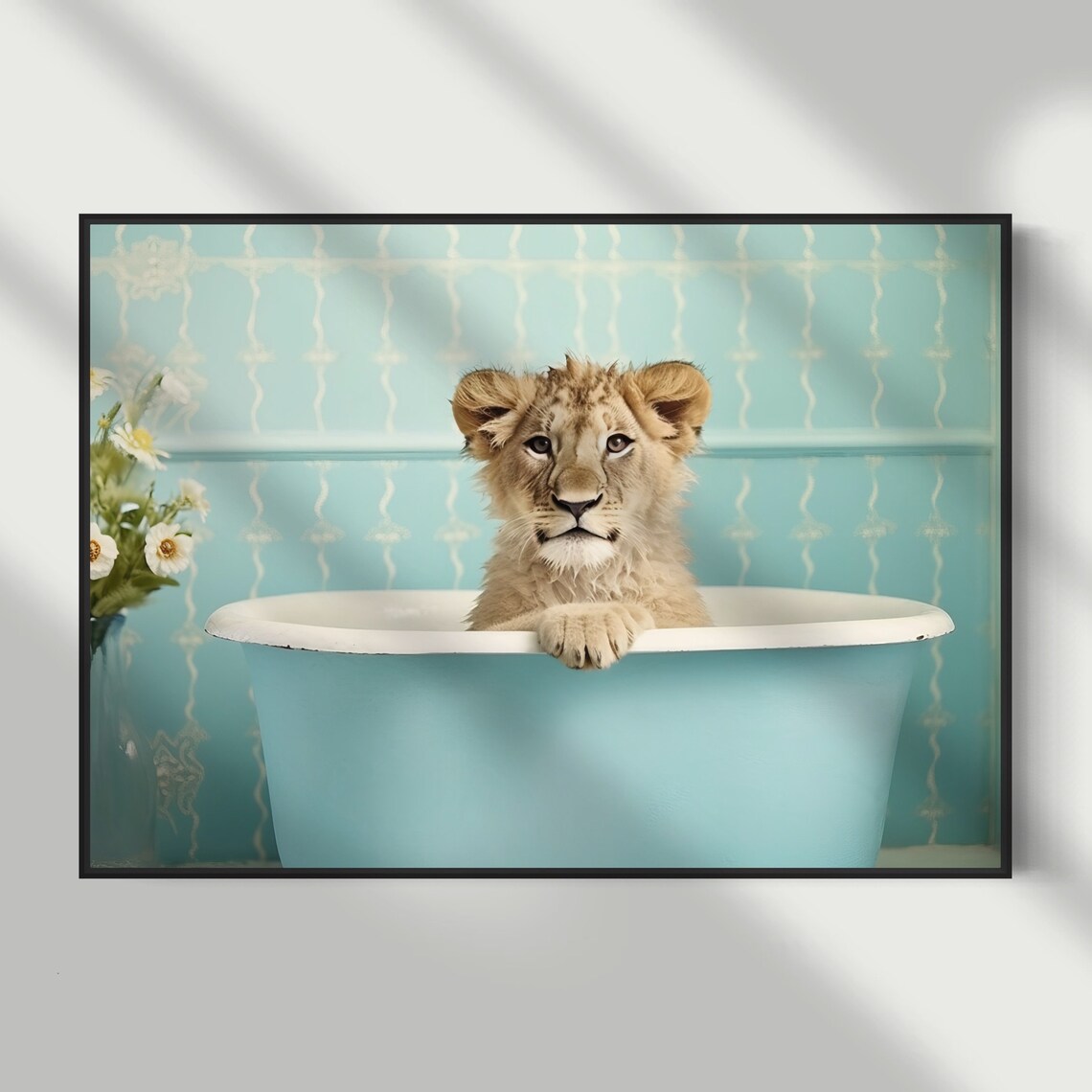 Lion Cub In Bathtub Turquoise Funny Animal Nursery Bathroom Art Poster