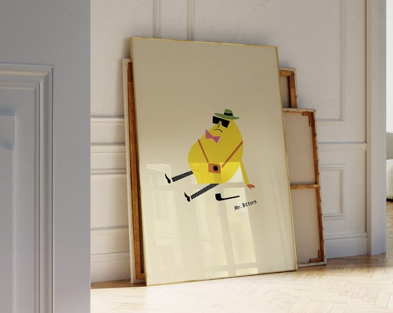 Mr Bitters Lemon Illustration Grumpy Lemon Art Funny Kitchen Decor Lemon Poster
