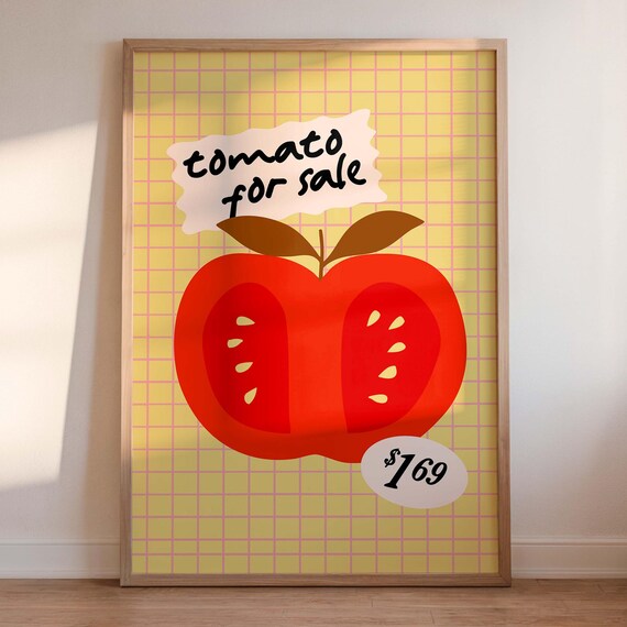 Tomato Poster Retro Wall Art Yellow Red Print Kitchen Hand Drawn Trendy Cute Striped Unique
