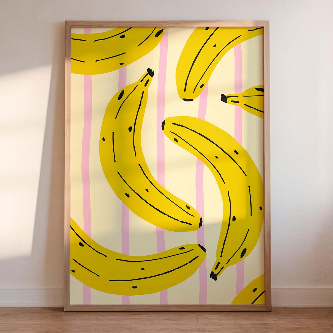 Playful Banana Pattern Kitchen Poster Fun Pink Striped Fruit Art