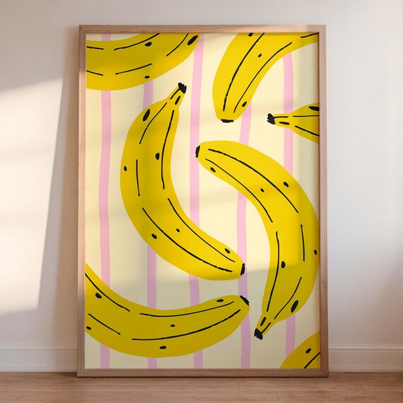 Playful Banana Pattern Kitchen Poster Fun Pink Striped Fruit Art