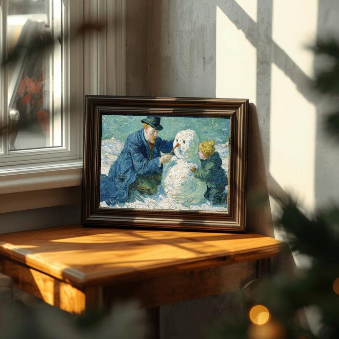 Father and Son Building a Snowman Impressionist Winter Poster