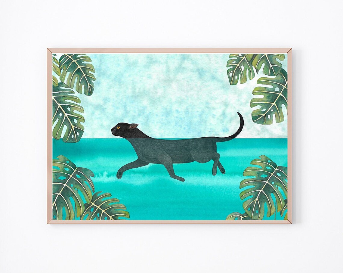 Cat Swimming Print, Black Wall Art Poster