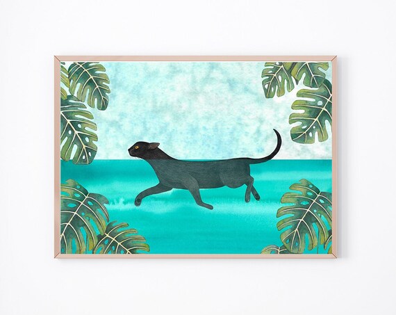 Cat Swimming Print, Black Wall Art Poster