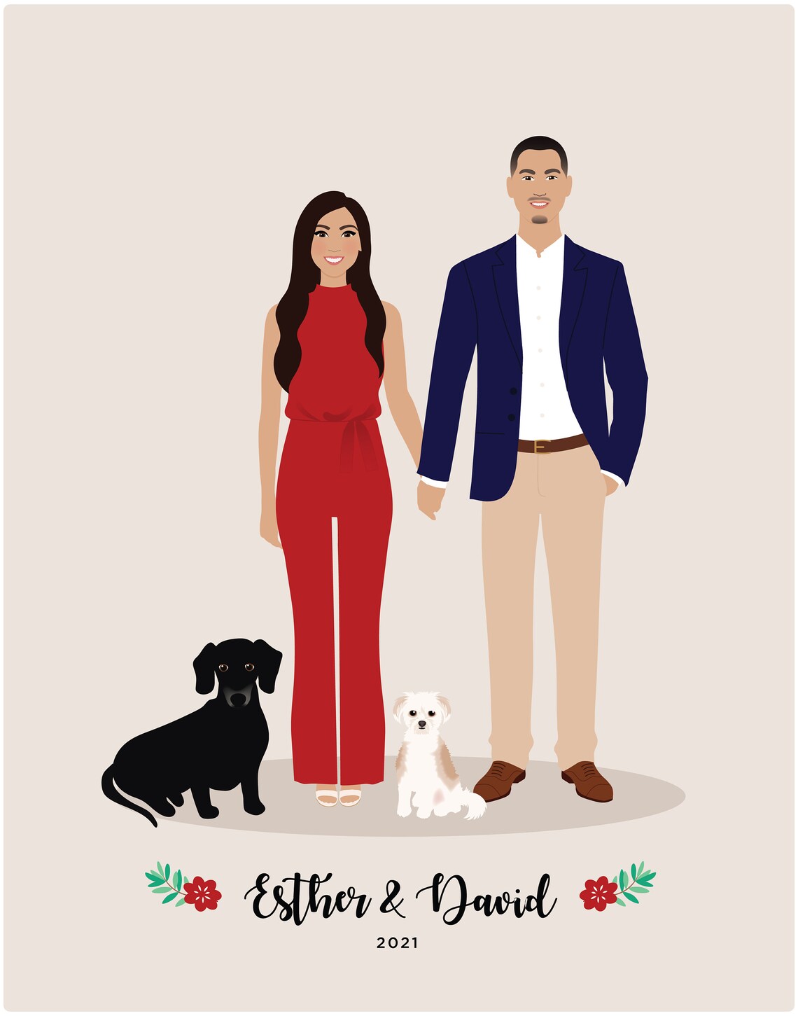 Personalized Family of Five with Dog Illustration Portrait Poster - Image 3
