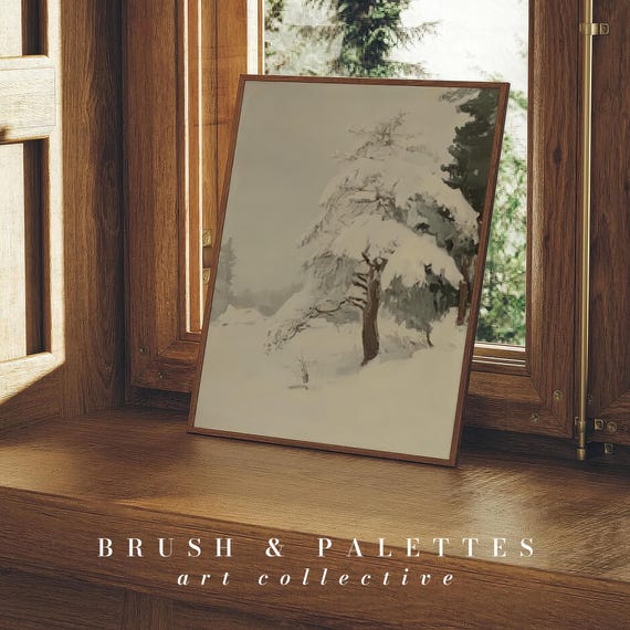 Snowy Pine Tree Landscape Print Winter Forest Scene Wall Art Serene Minimal Nature Painting For Rustic Lodge Decor