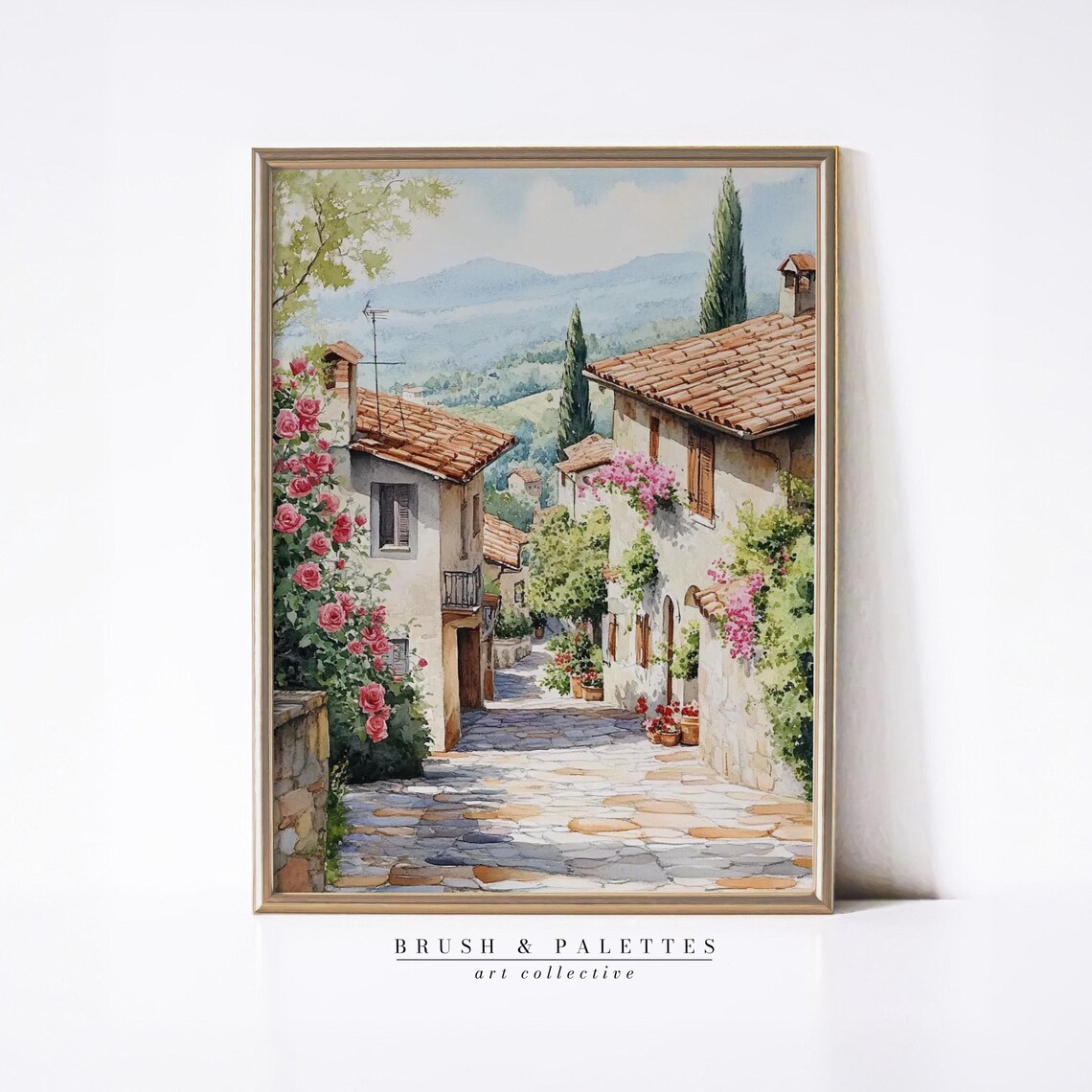 Italian Village Sunlit Street Stone Houses Roses Watercolor Print