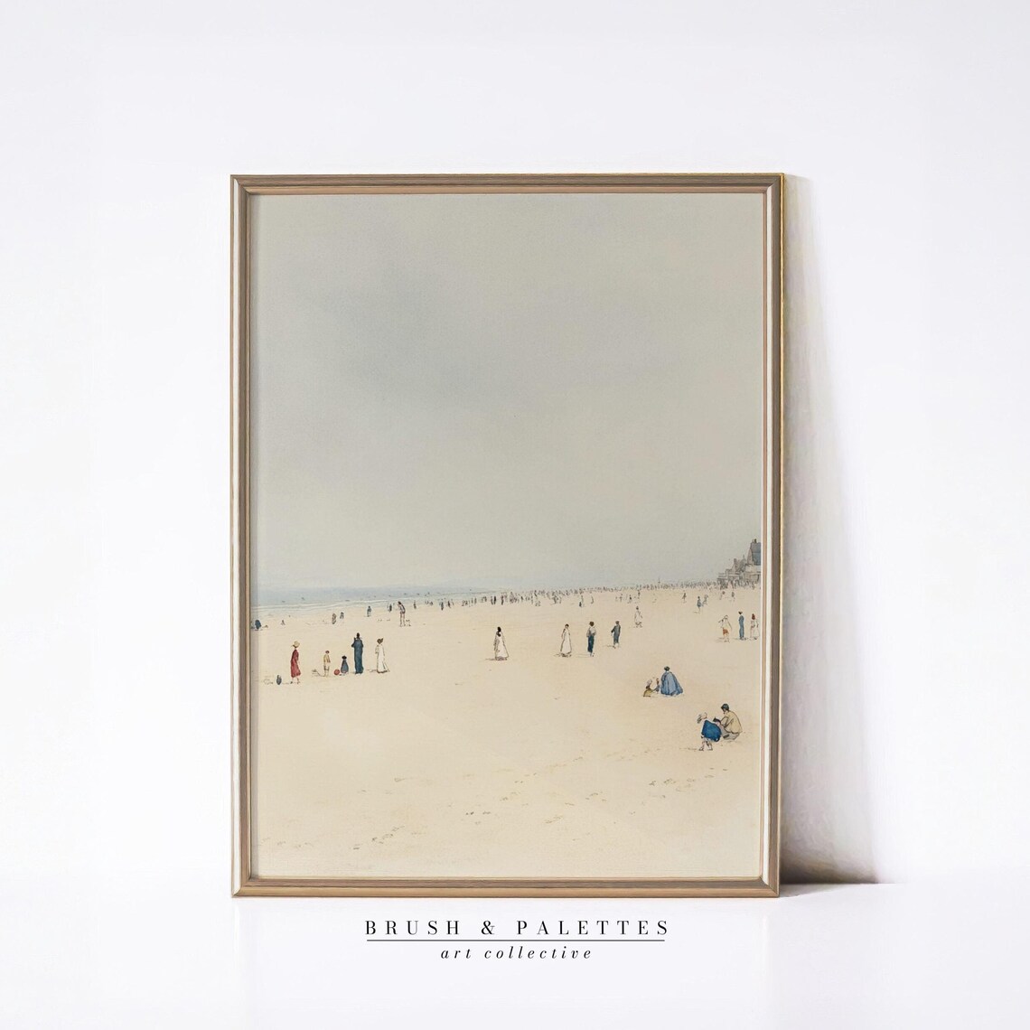Vintage Beach Scene Old Fashioned Figures Wide Sand Shore Painting Poster