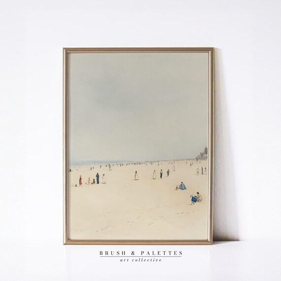Vintage Beach Scene Old Fashioned Figures Wide Sand Shore Painting Poster