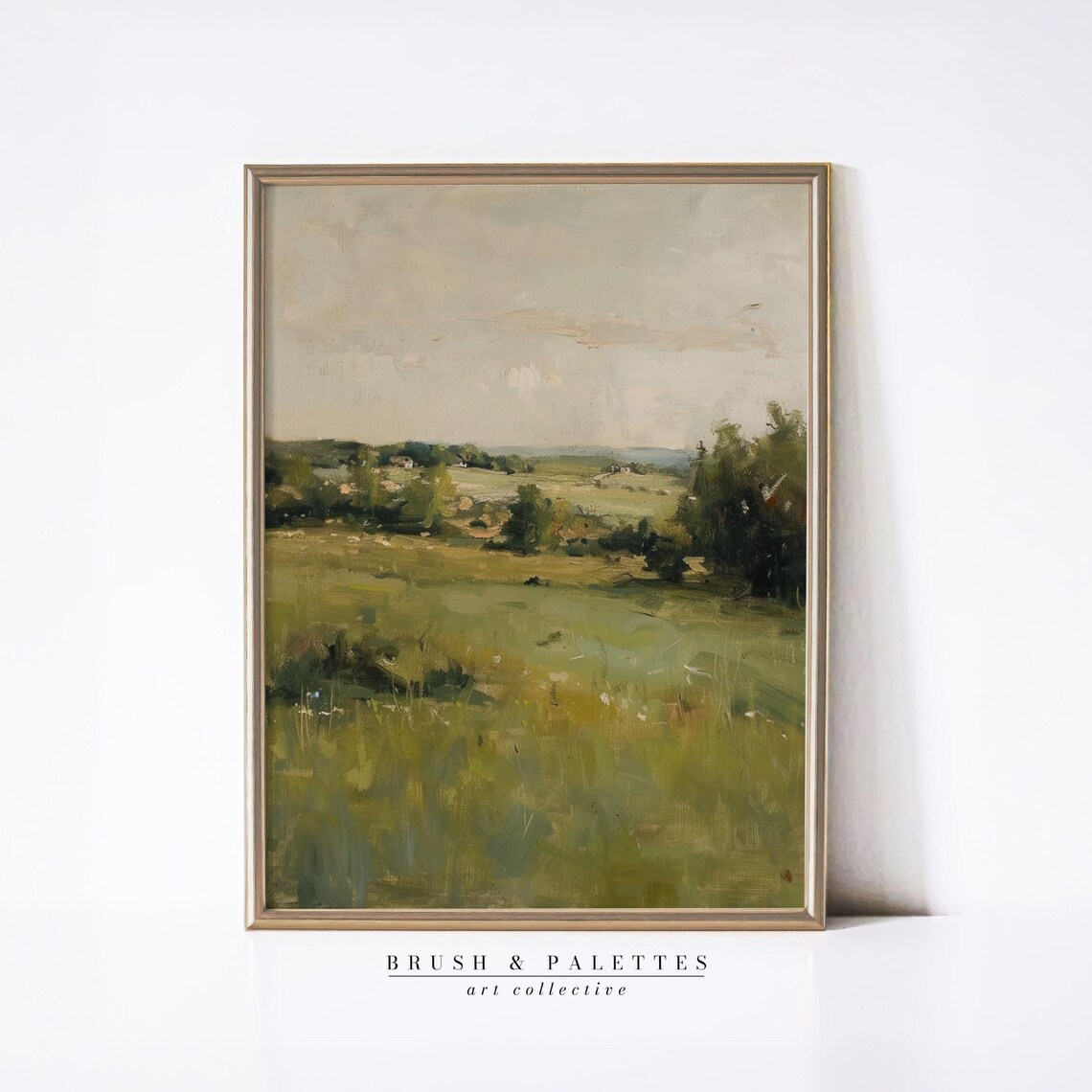 Soft Green Meadow Toward Distant Hills Loose Impressionist Print