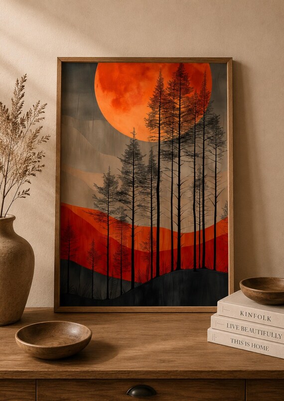 Forest Moon Wall Art Print Red Landscape Poster Modern Nature Decor Mountain Artwork Woodland