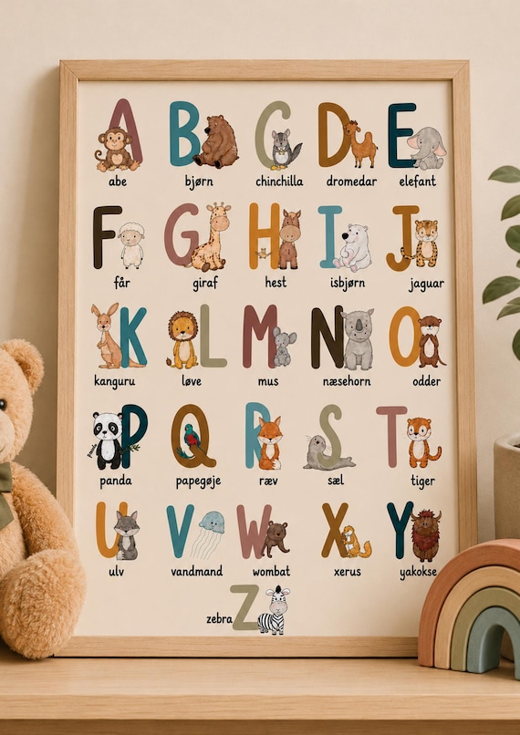 Danish Animal Alphabet ABC Poster Kids Nursery Educational Wall Decor