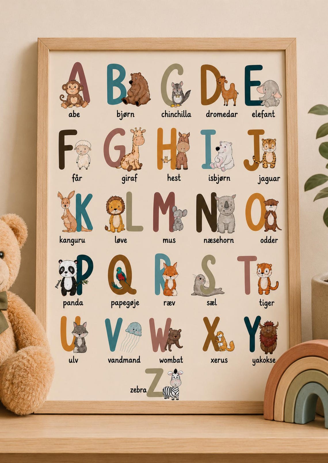 Danish Animal Alphabet ABC Poster Kids Nursery Educational Wall Decor