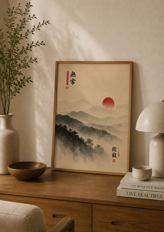 Japanese Landscape Wall Art Zen Mountain Print Ink Painting Poster Wabi Sabi Decor Asian Sunrise Artwork