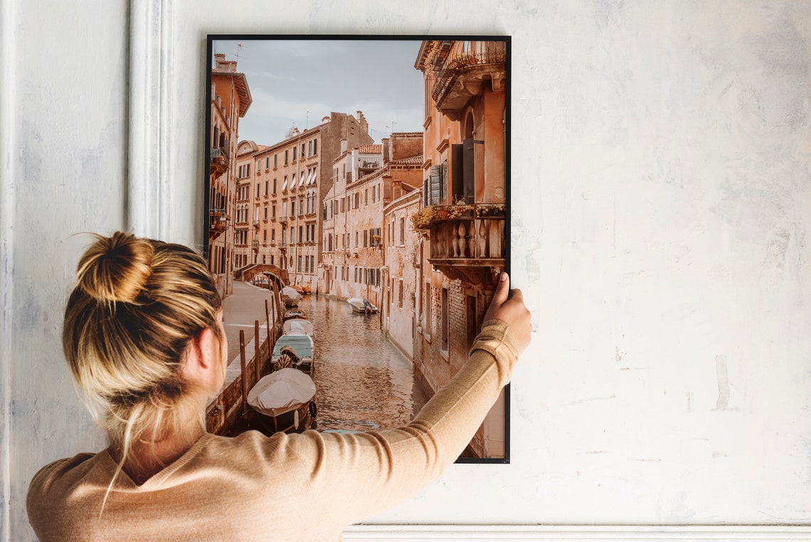 Venice Quiet Canal Moored Boats Old Buildings Pastel Photo Art Poster - Image 3