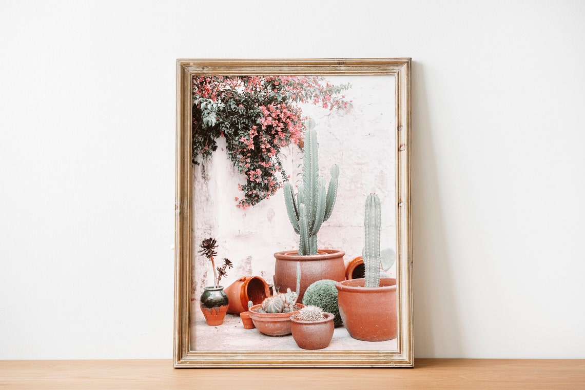 Terracotta Cacti Pots with Pink Bougainvillea Photography Poster - Image 3