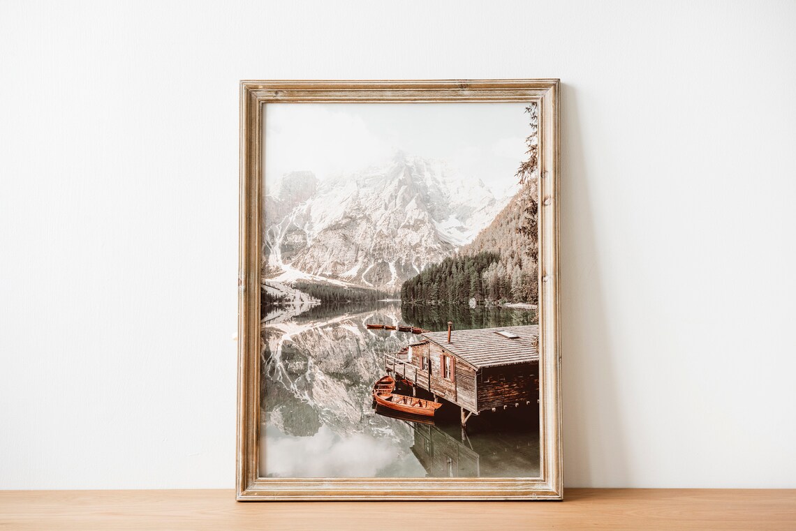 Lago di Braies Wooden Boathouse and Mirror Lake Photography Poster - Image 3