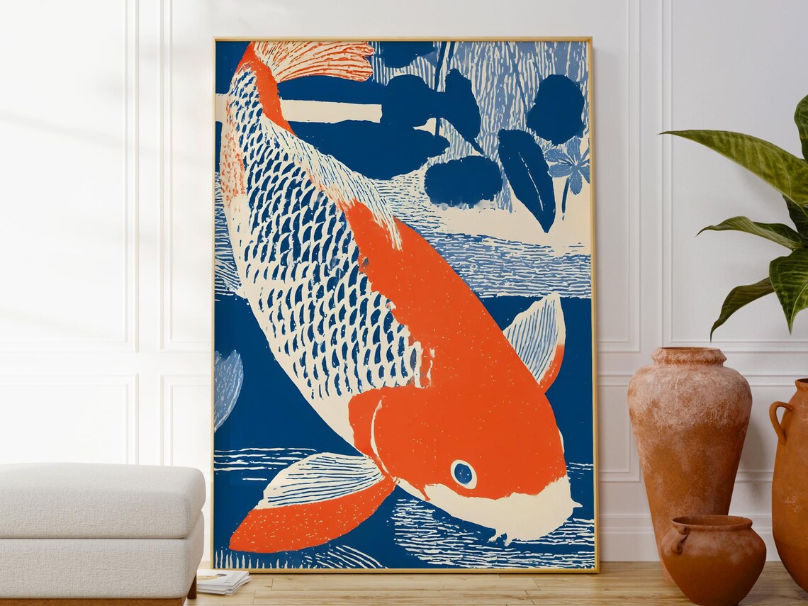 Linocut Fish Poster Print, Tropical Aquatic Wall Art