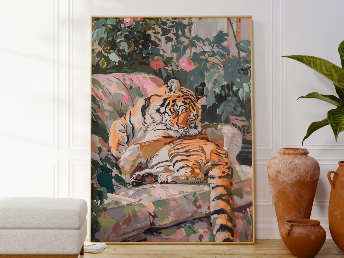 Sleeping Tiger On A Floral Sofa Among Greenery Painterly Art Poster