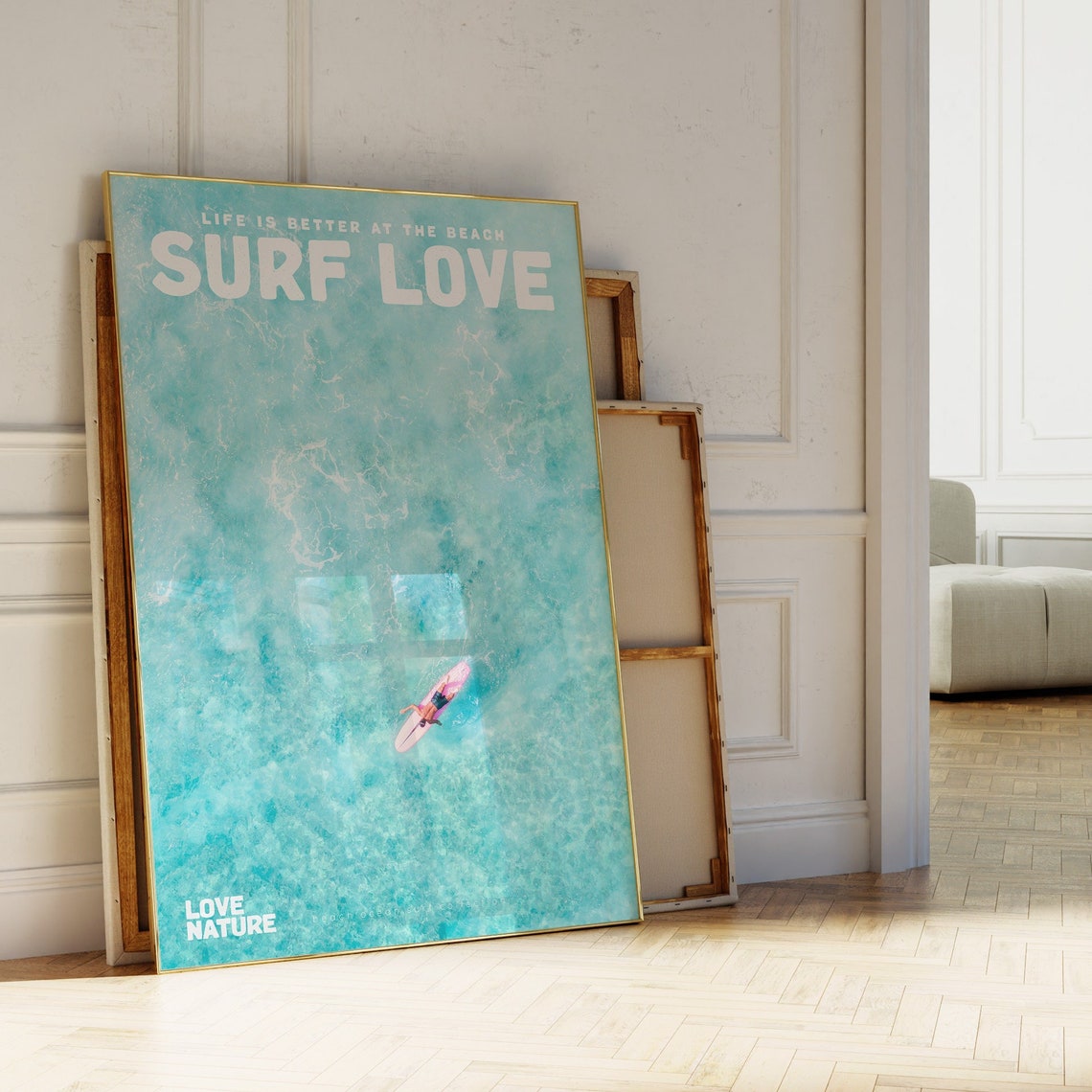 Surf Love Aerial Light Turquoise Sea Paddleboarder Ocean Poster