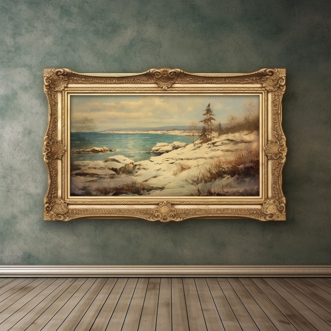 Winters Embrace Snowy Beach Oil Painting, Coastal Tranquility - Image 3