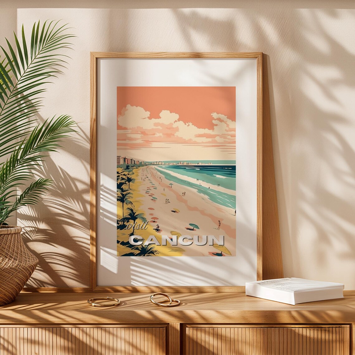 Vintage Sunset Cancun Travel Poster, Tropical Mexico