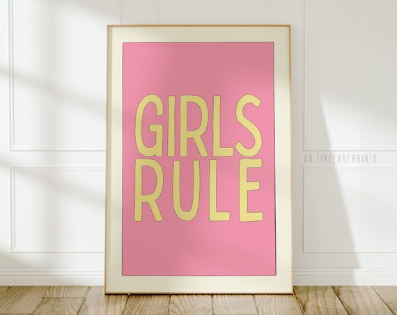 Girls Rule Pink Yellow Retro Typography Feminist Wall Art Dorm Room Poster