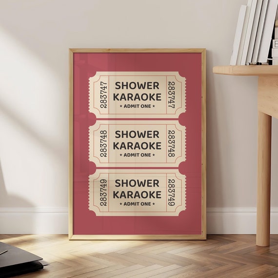 Shower Karaoke Ticket Poster Bathroom Wall Art Singing Funny Print Pink Decor Vintage Trendy Optional Frame