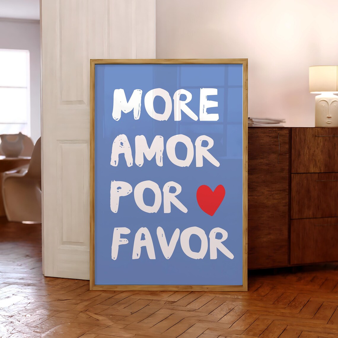 More Amor Por Favor Love Quote Poster Blue With Red Heart Design