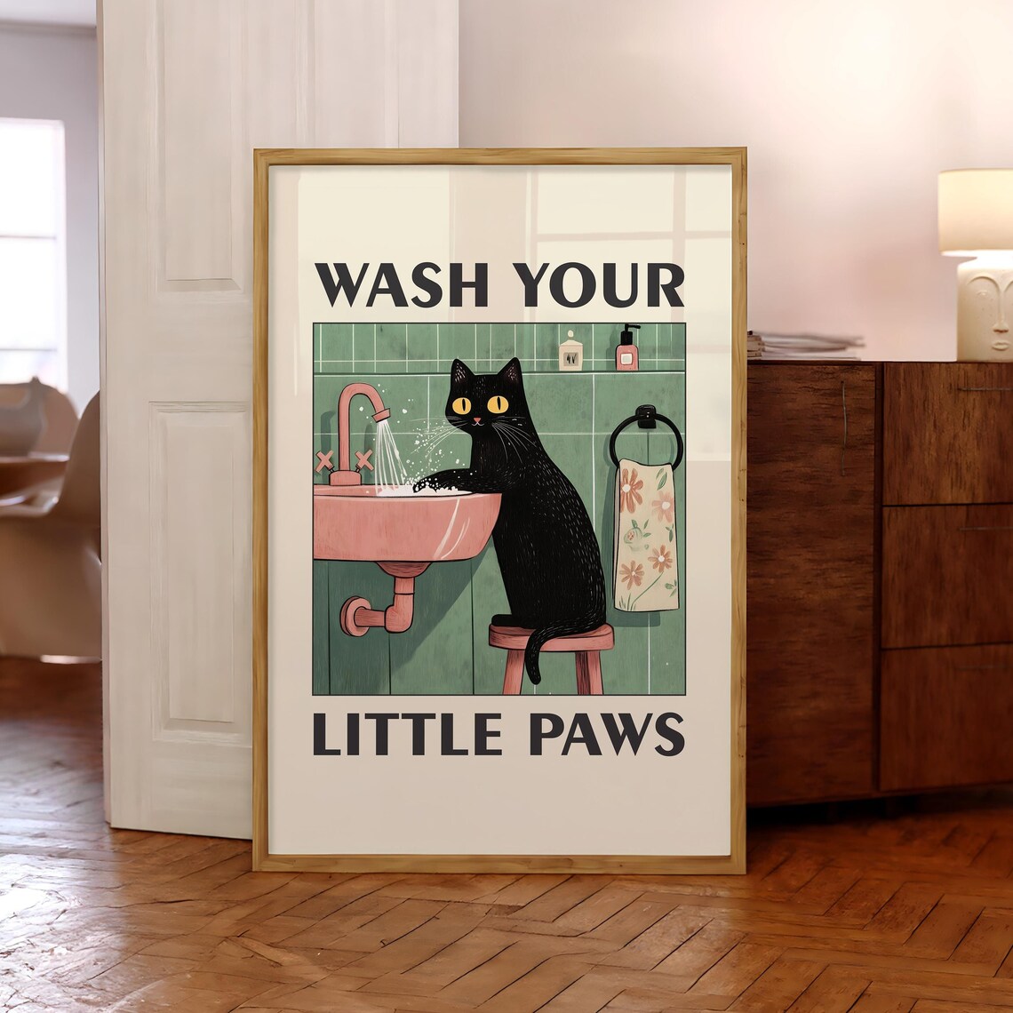 Wash Your Paws Cat Bathroom Humor Poster Print