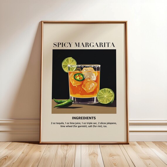 Spicy Margarita Cocktail Recipe Retro Bar Cart Kitchen Poster