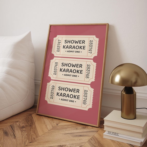 Shower Karaoke Ticket Poster Bathroom Wall Art Singing Funny Prints Pink Decor Vintage Trendy File