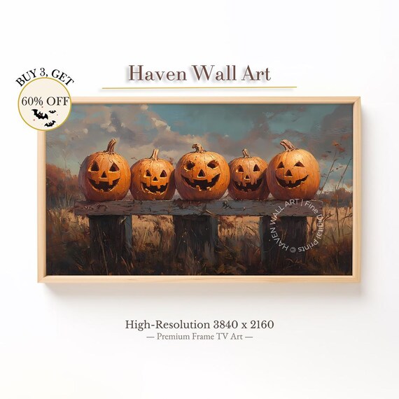 Five Jack O Lanterns Rustic Fence Vintage Halloween Pumpkin Art Print