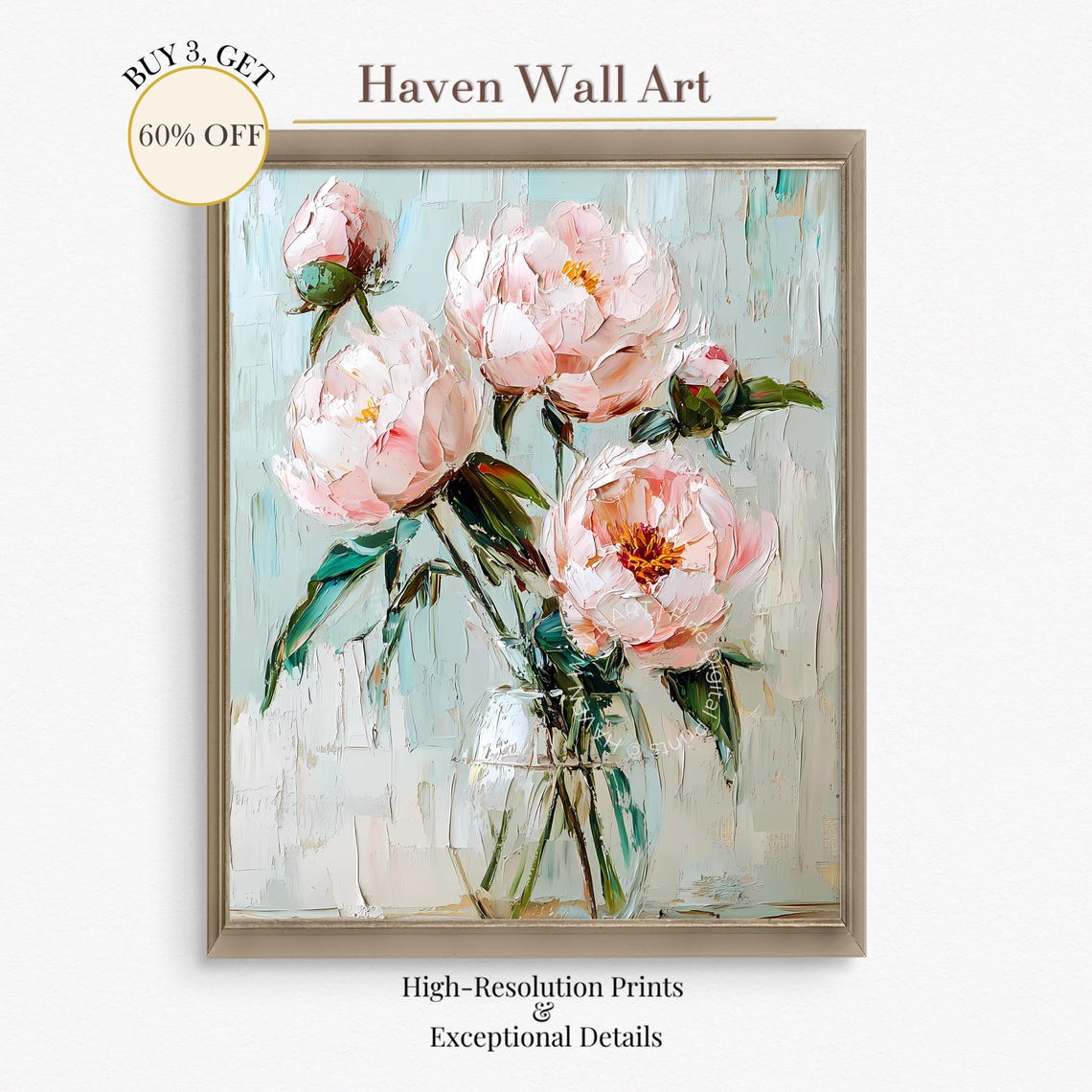 Pink Peonies Glass Vase Impasto Textured Spring Floral Art Poster