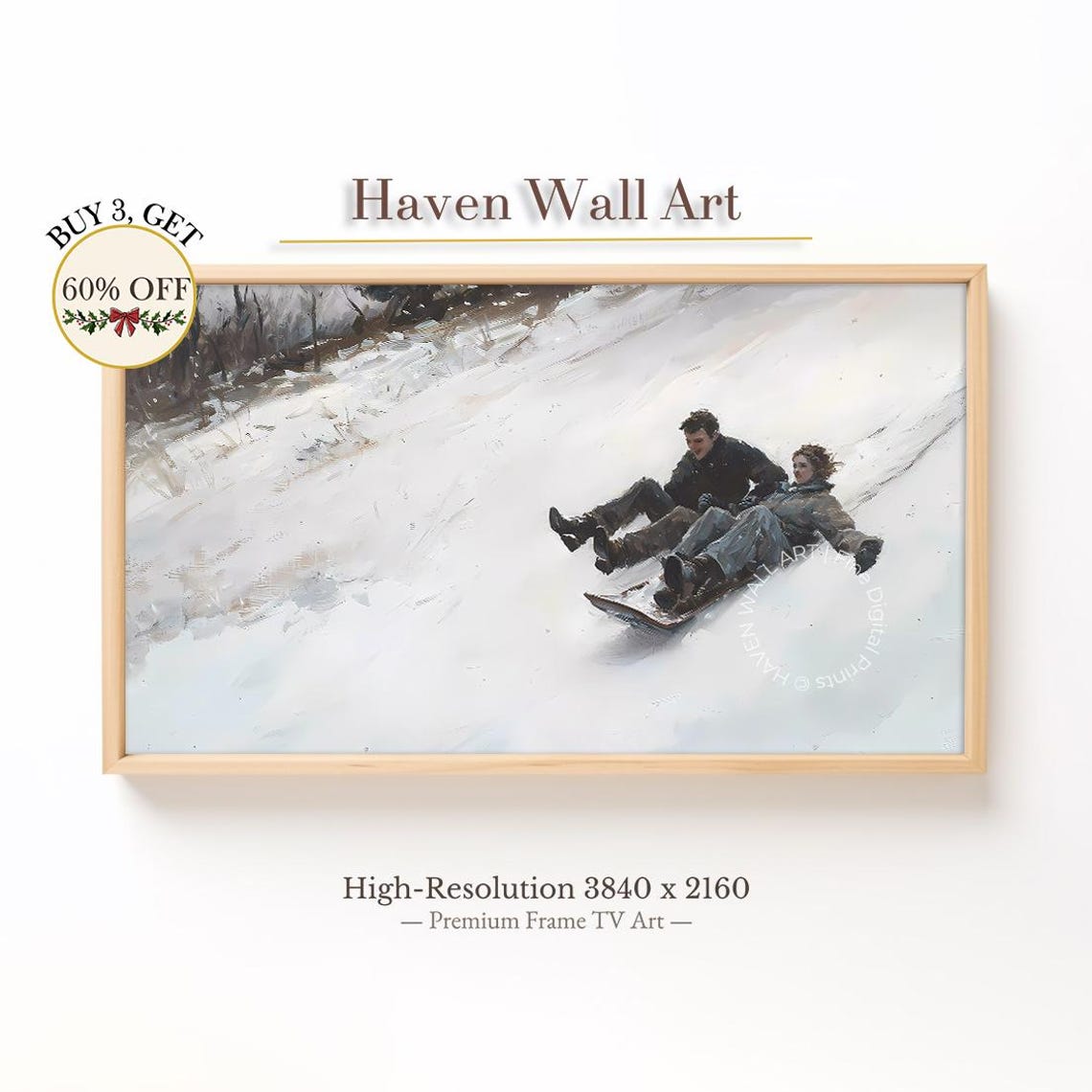 Romantic Winter Couple Sledding Down Snowy Hill Joyful Poster