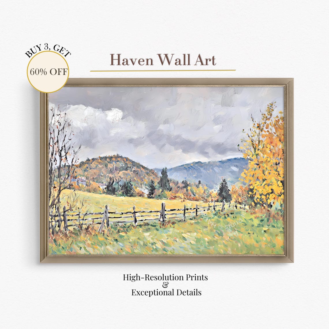 Rustic Autumn Countryside Fence Golden Hills Impasto Oil Poster