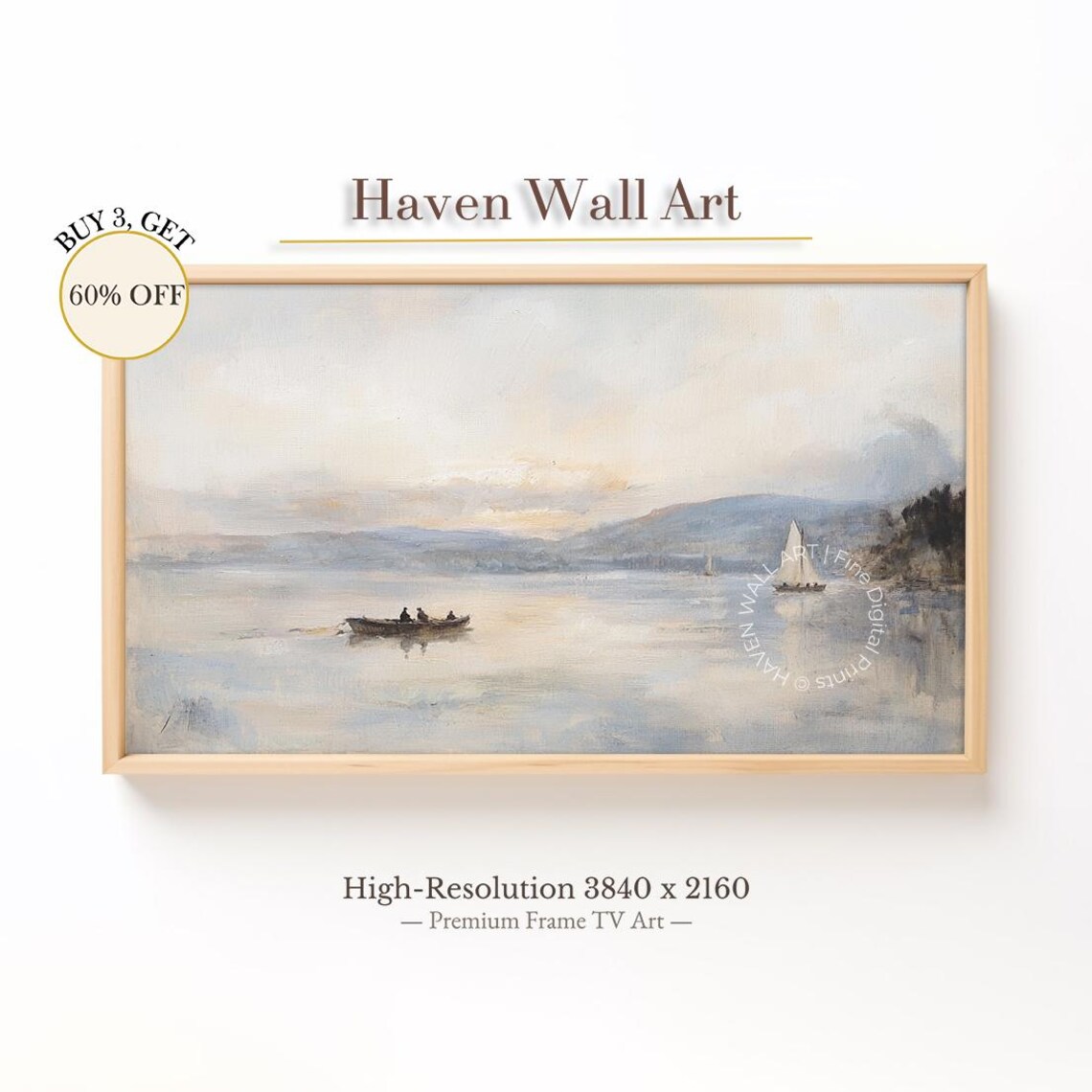 Rowboats And Sail Under Morning Haze Tranquil Lake Oil Painting For Frame Tv Vintage Summer Landscape Tub128
