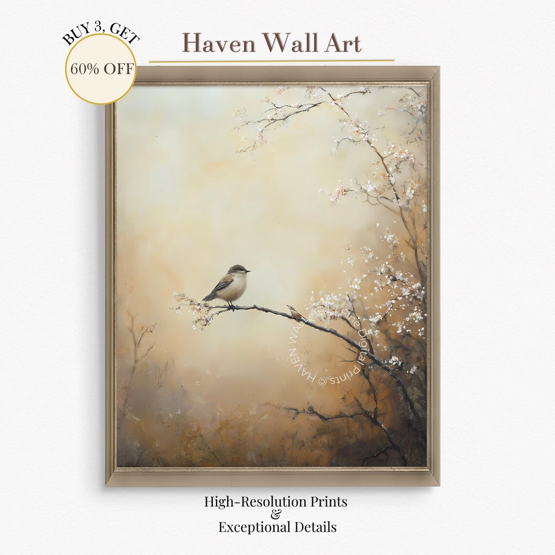 Songbird Blossom Branch Warm Golden Misty Spring Painting Poster