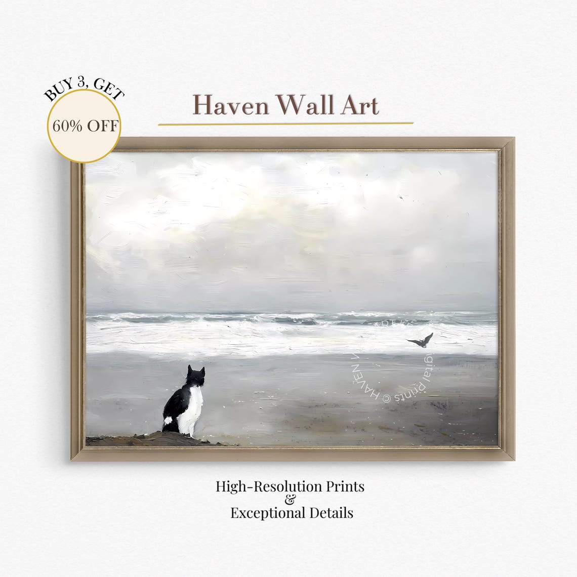 Sweet Black And White Cat Watching Ocean Waves Painting Poster