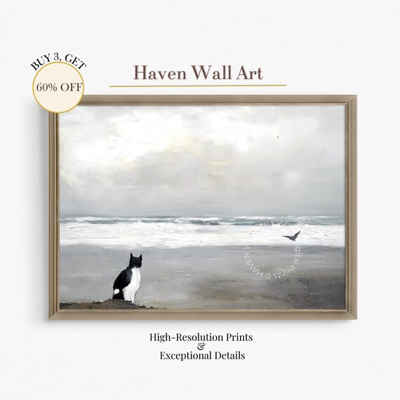 Sweet Black And White Cat Watching Ocean Waves Painting Poster