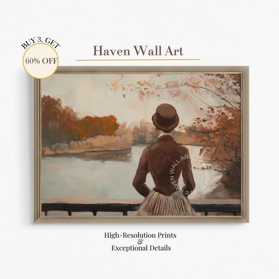 Figure Autumn Riverbank Falling Leaves Moody Oil Painting Poster