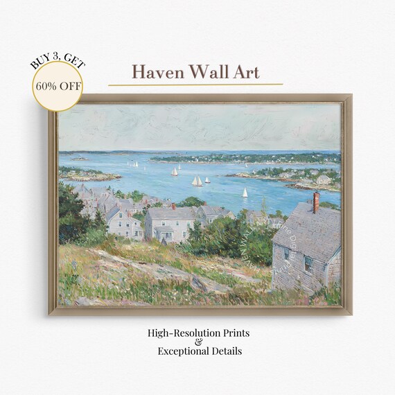 Summer Harbor Sailboats Coastal Village Impressionist Seaside View Poster